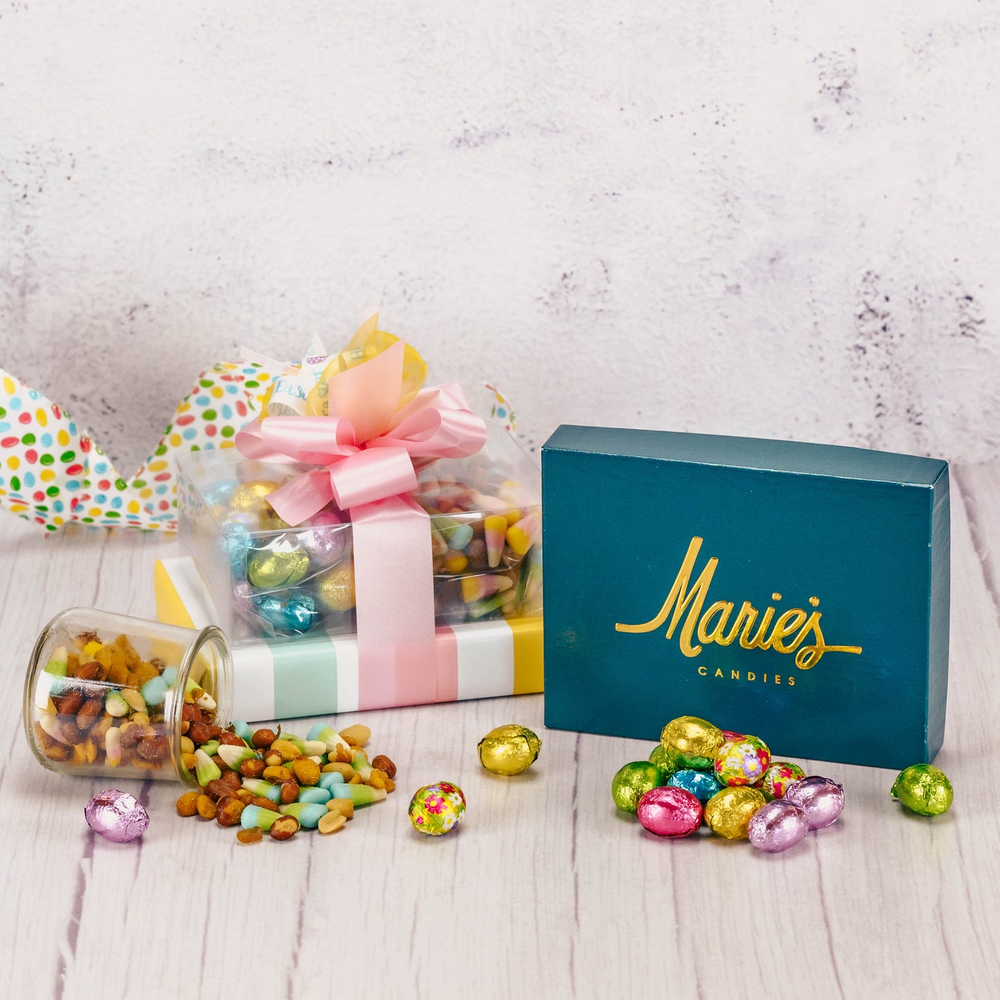 a small easter gift stack packaged with sweet treats