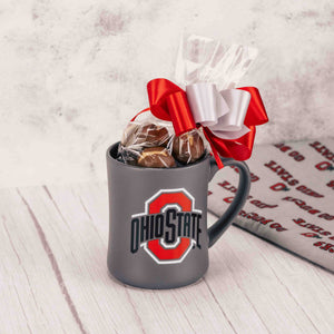 gray Ohio Sate mug filled with a half pound of our Buckeyes