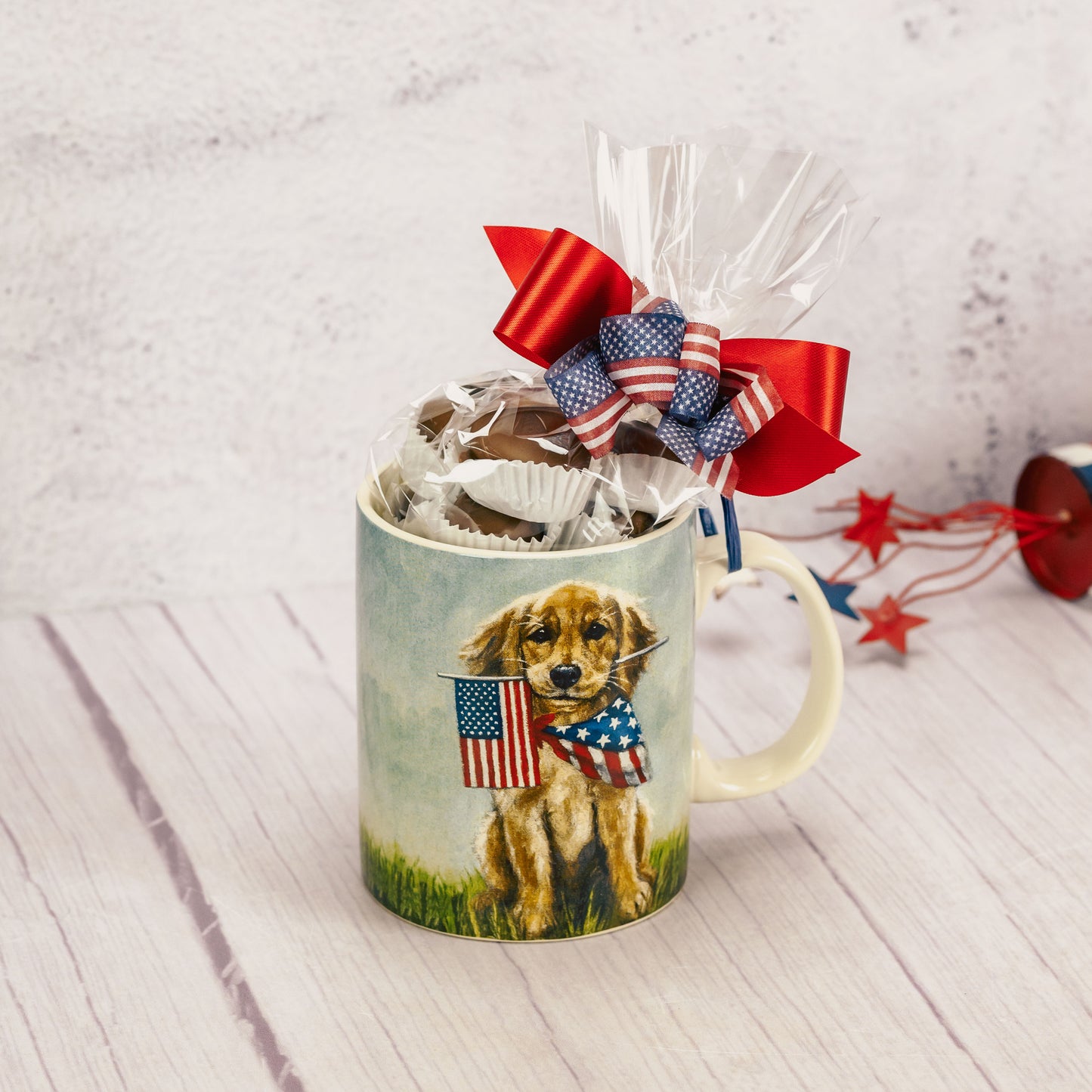 a half pound of assorted milk chocolates is packed into this adorable patriotic puppy mug