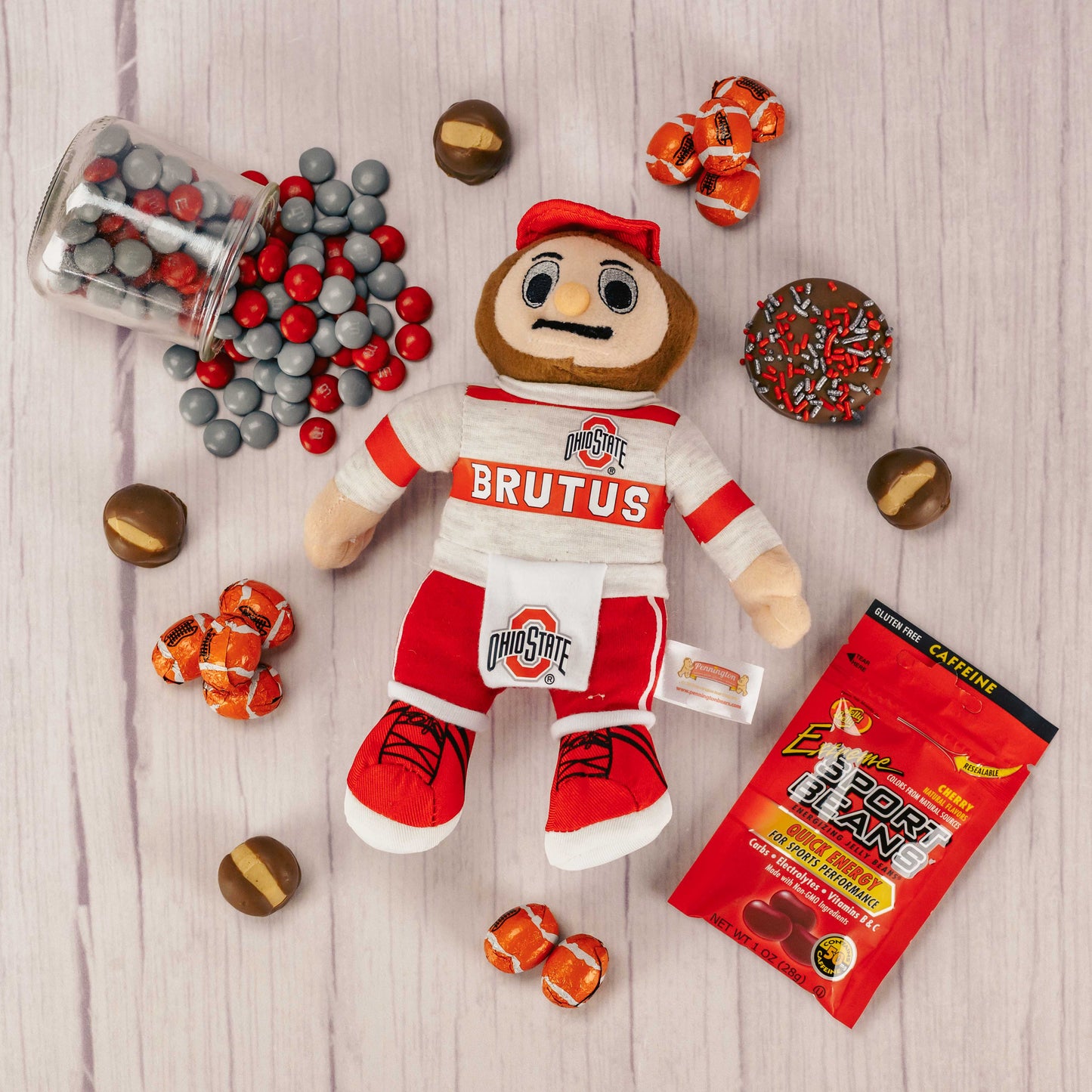 a small Brutus plush when squeezed will play The Ohio State Fight Song, and is packaged with sweet treats