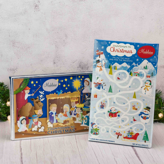 Enjoy counting down the days to Christmas with the classic Advent Calendar, even better, these are filled with 24 delicious Milk Chocolate Foil Wrapped Presents! Open a sweet treat each day as you await the joy of Christmas! Choose a Nativity or Snowman Maze calendar.