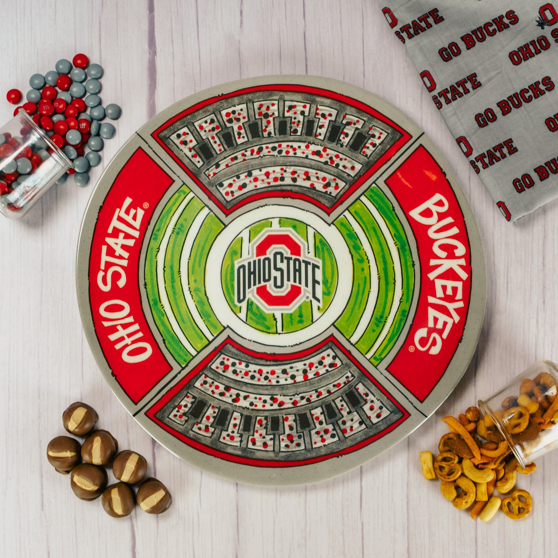 a round melamine Ohio State platter is packaged with some sweet treats!