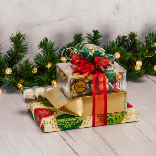 A large christmas gift stack filled with three pounds of delicious candies