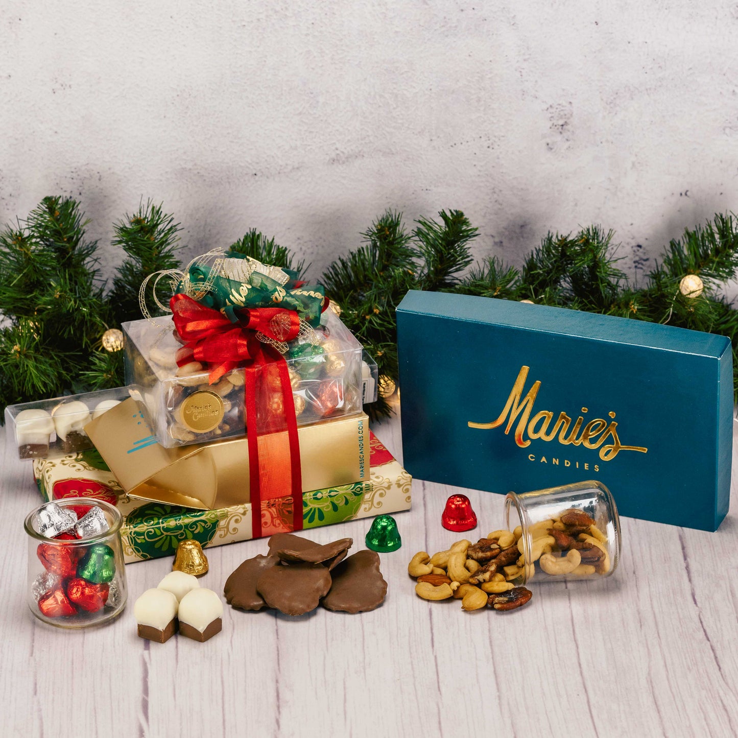 A large christmas gift stack filled with three pounds of delicious candies