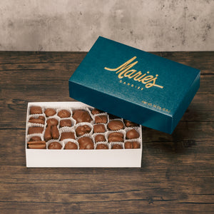 A two pound box of assorted chocolates. Choose all milk chocolate or milk and dark chocolates. Will include pieces like Creams, caramels and crunchy pieces, and our famous Tur'Kins. Approximately 60 total pieces.