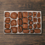 One pound assortment of milk chocolate hard and chewy pieces like nuts, chewy and crunchy pieces. Approximately 32 total pieces.
