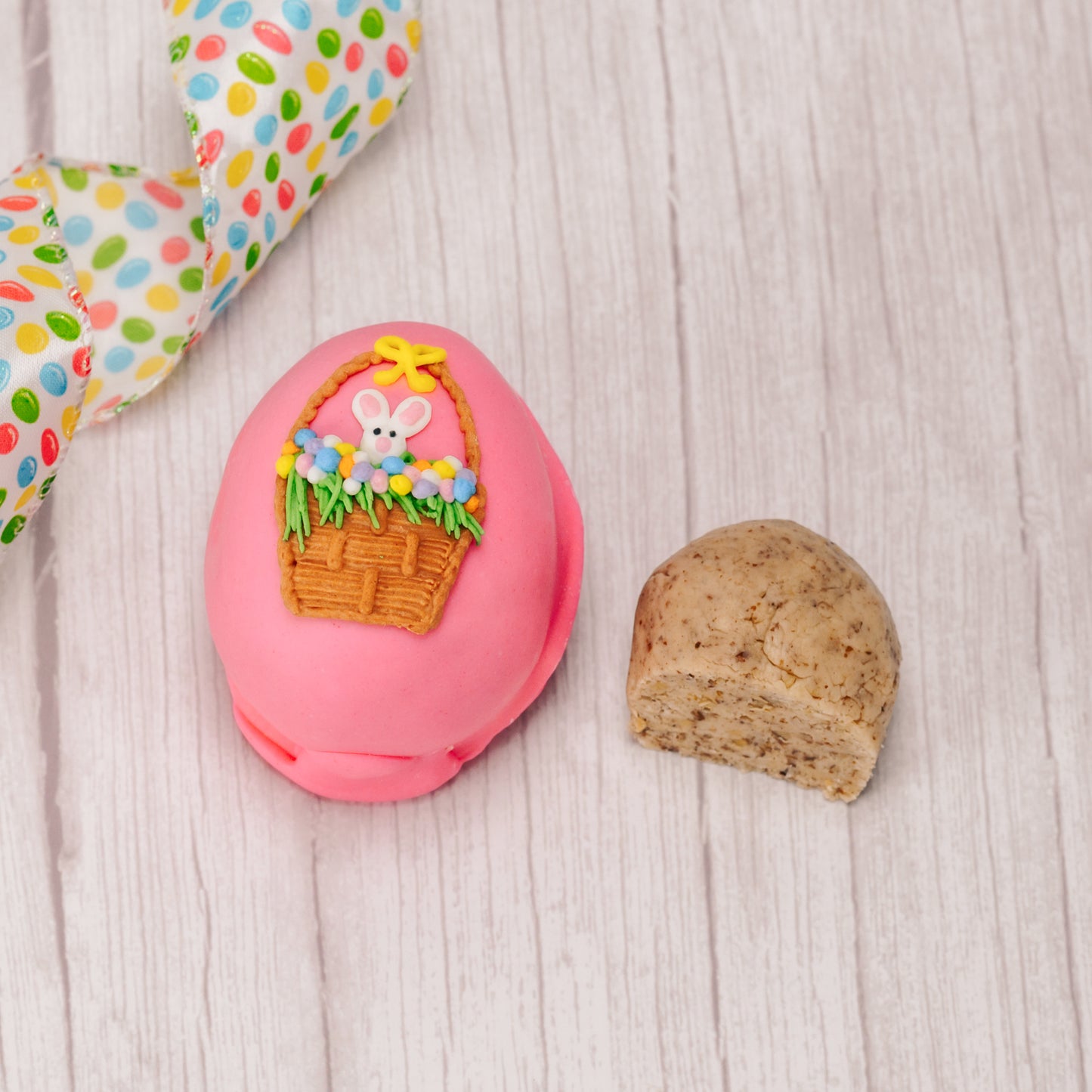 pecan cream eggs in milk chocolate or pink coating in various sizes