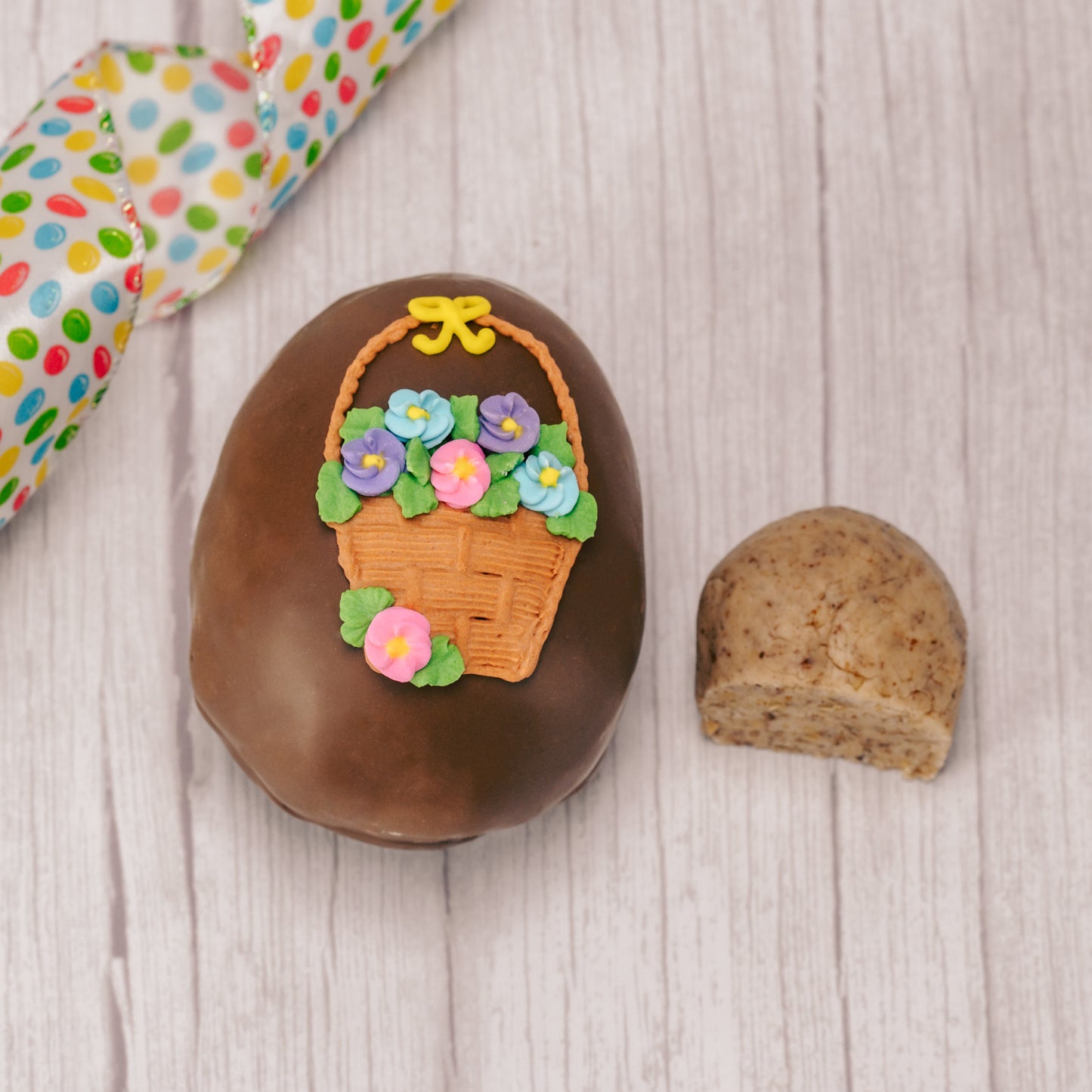 pecan cream eggs in milk chocolate or pink coating in various sizes
