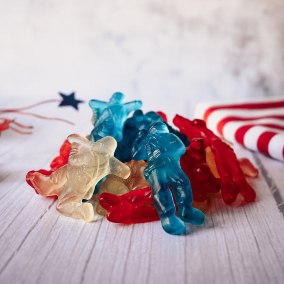 half pound bag of red, blue and white military people gummies