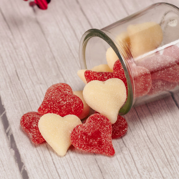 red and white sugar-coated gummi hearts 