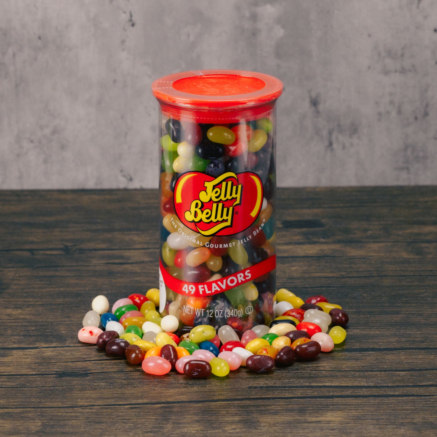 a can of Jelly Belly jelly beans. 49 different flavors