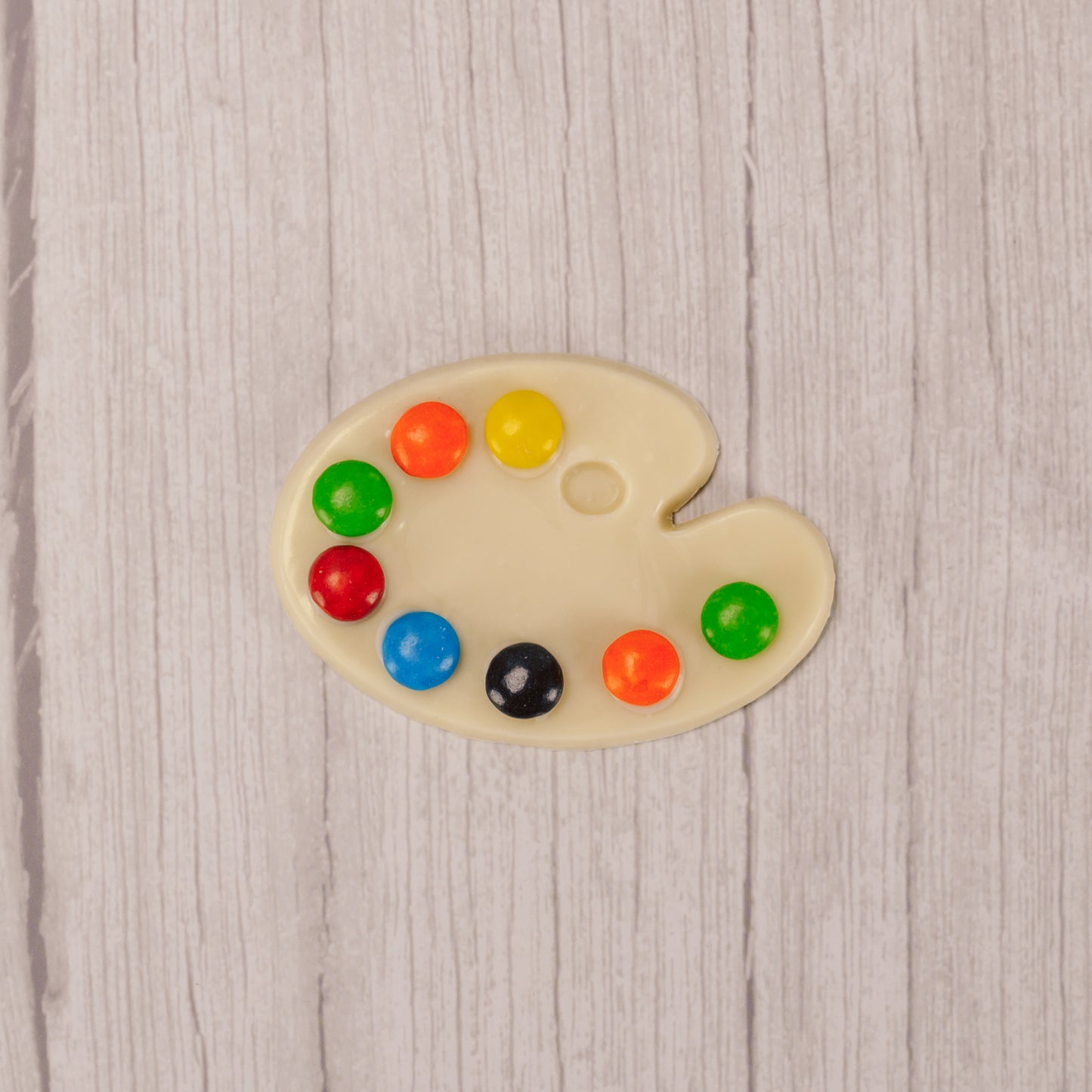 A painter's palette in white chocolate (tastes like white coating) with M&Ms representing paint colors.