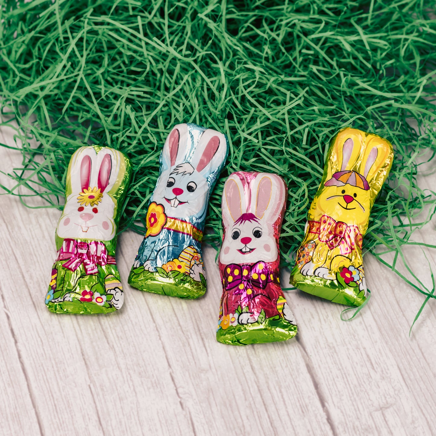milk chocolate foil wrapped bunnies. assorted foil designs