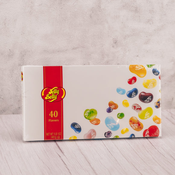 a large box of Jelly Belly jelly beans that includes 40 different flavors