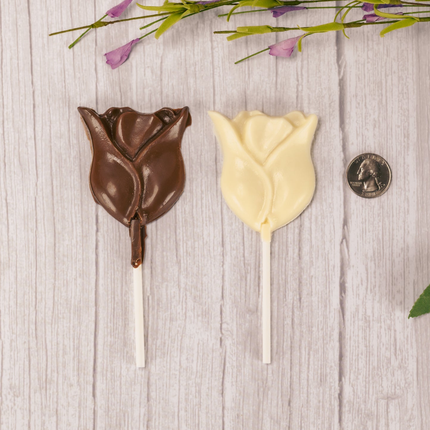 Milk chocolate and white coating (like white chocolate) tulip suckers.