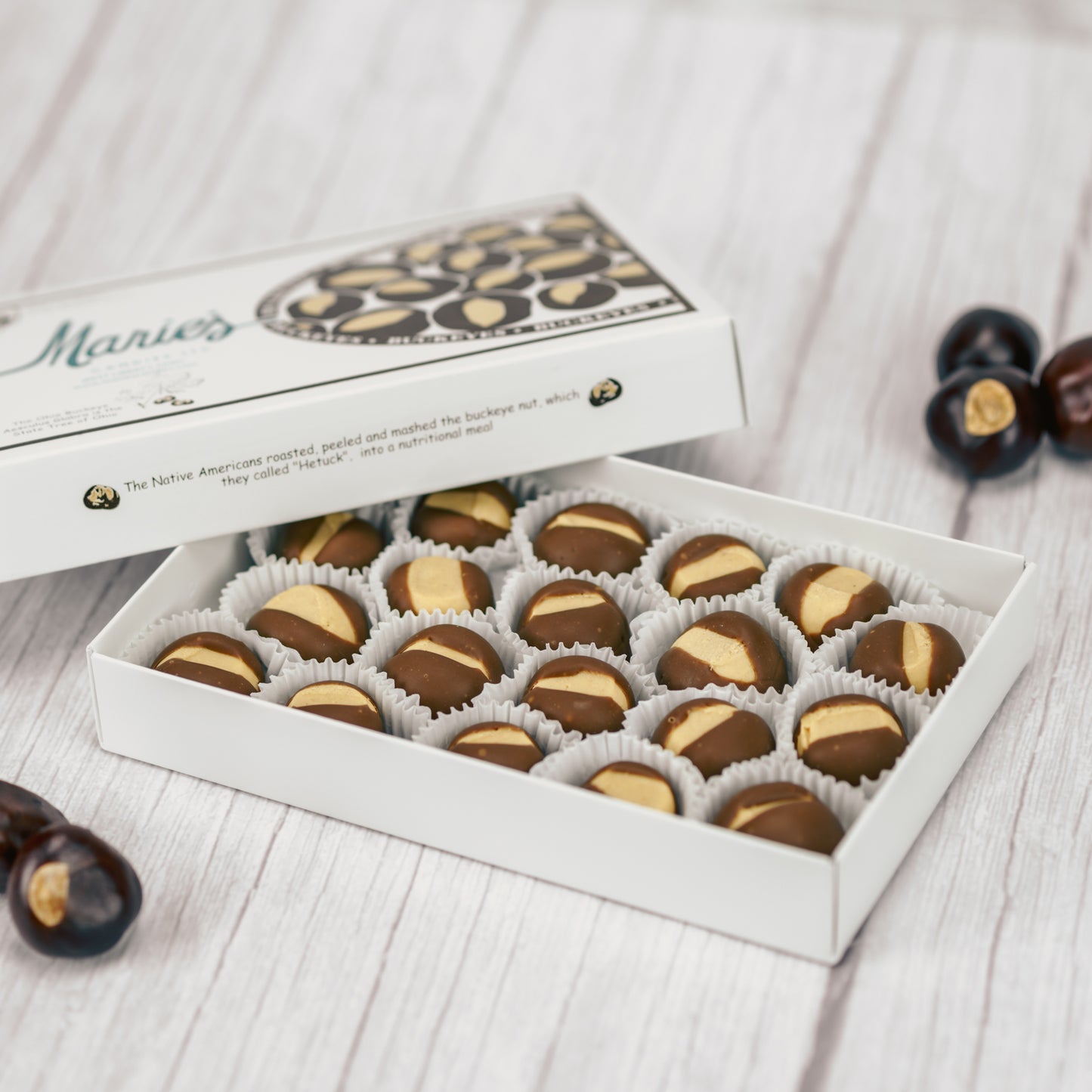 creamy peanut butter dipped in smooth milk chocolate to look like the real Buckeye nut.