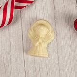 Solid chocolate angel in white coating.