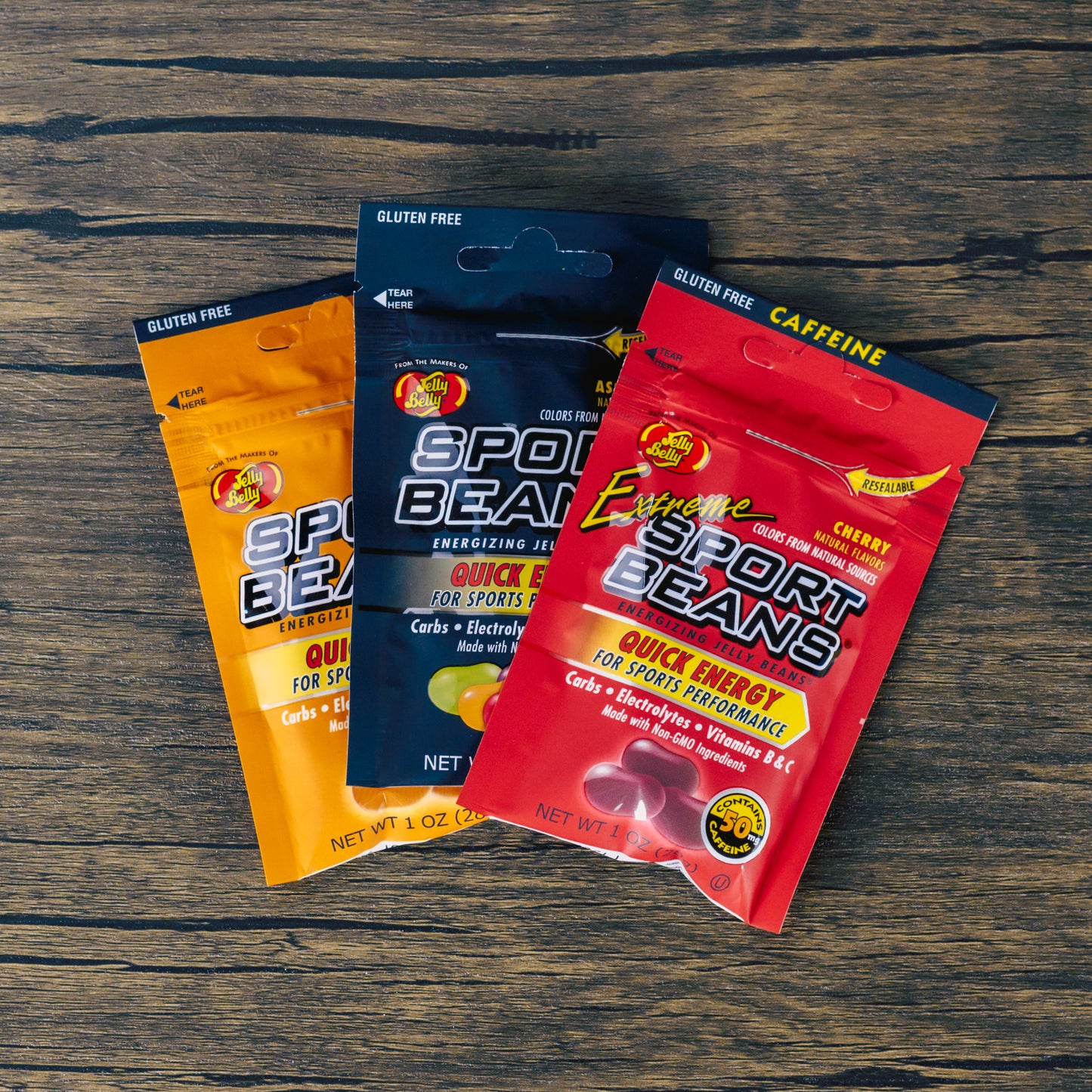 a one ounce bag of orange, cherry or assorted flavor sports beans by Jelly Belly to provide quick energy for sports performance.