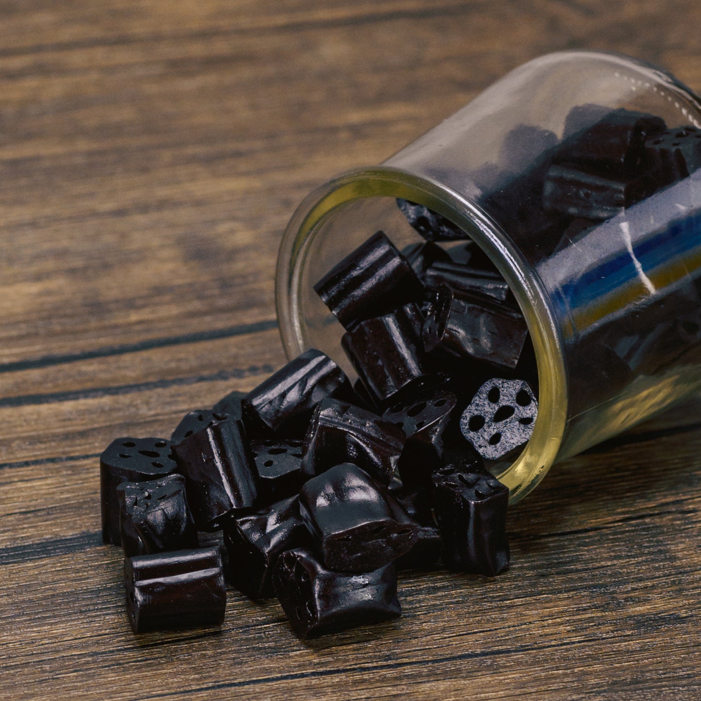 bite-sized pieces of black licorice in half pound bags.
