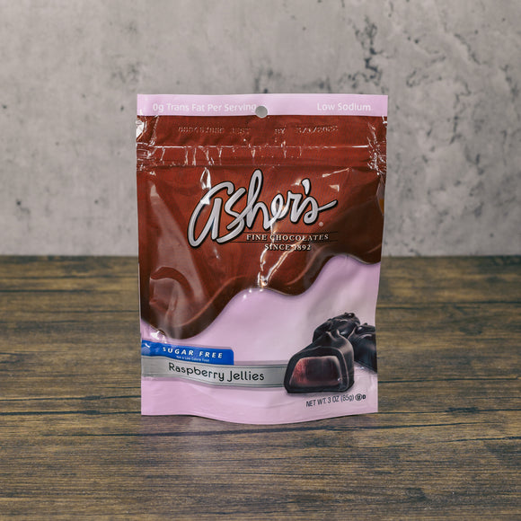 Three ounce bag of sugar free dark chocolate raspberry jellies