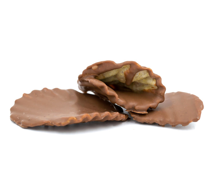 Salty Mikesell's potato chips covered in smooth milk chocolate. Half pound