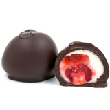 Maraschino cherries wrapped in white cream and dipped in dark chocolate. One pound box.
