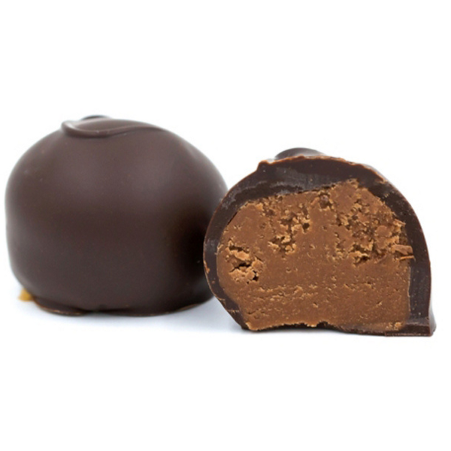 A fudgy chocolate center covered in rich dark chocolate in a pound box.