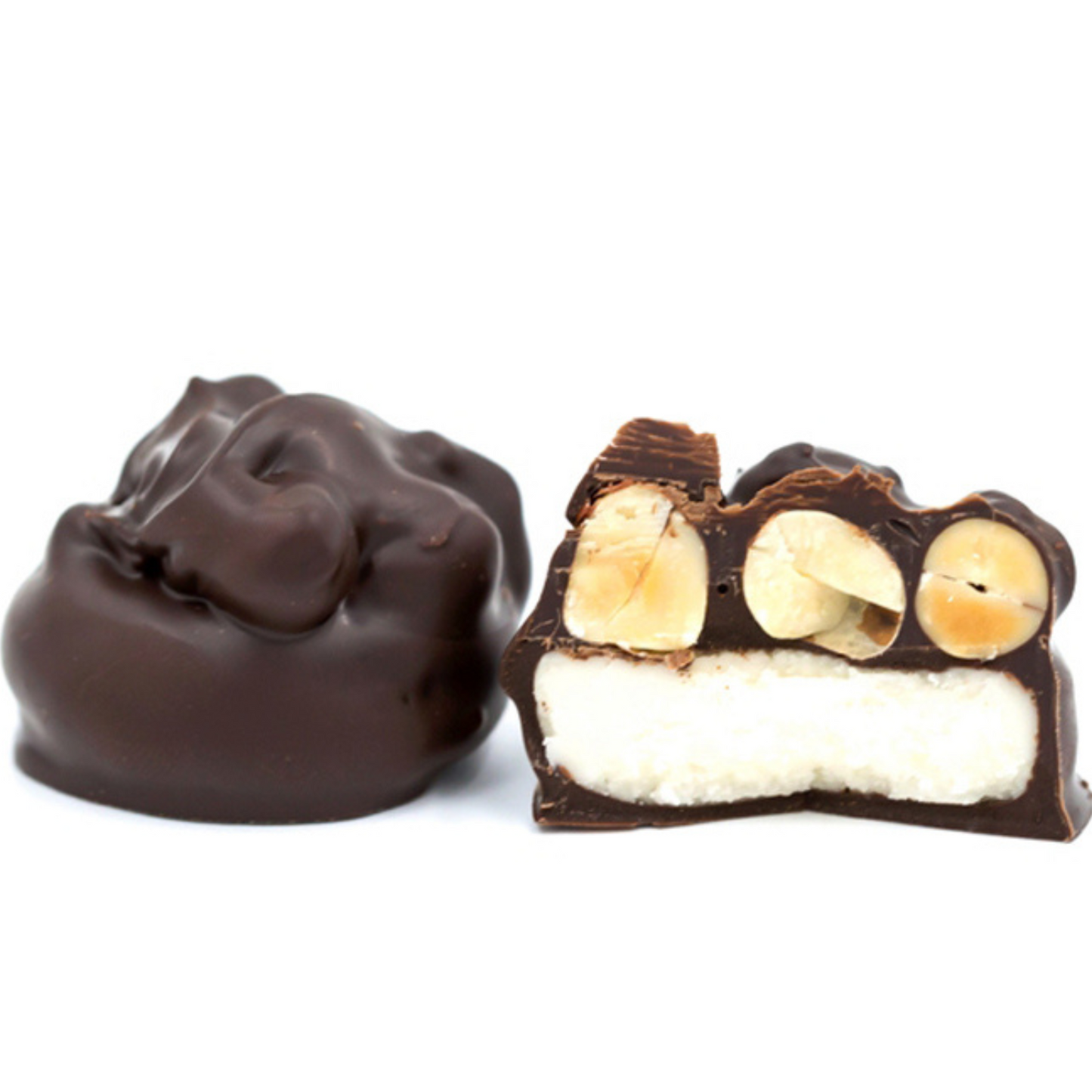 Vanilla cream topped with peanuts and covered in dark chocolate. One pound box.