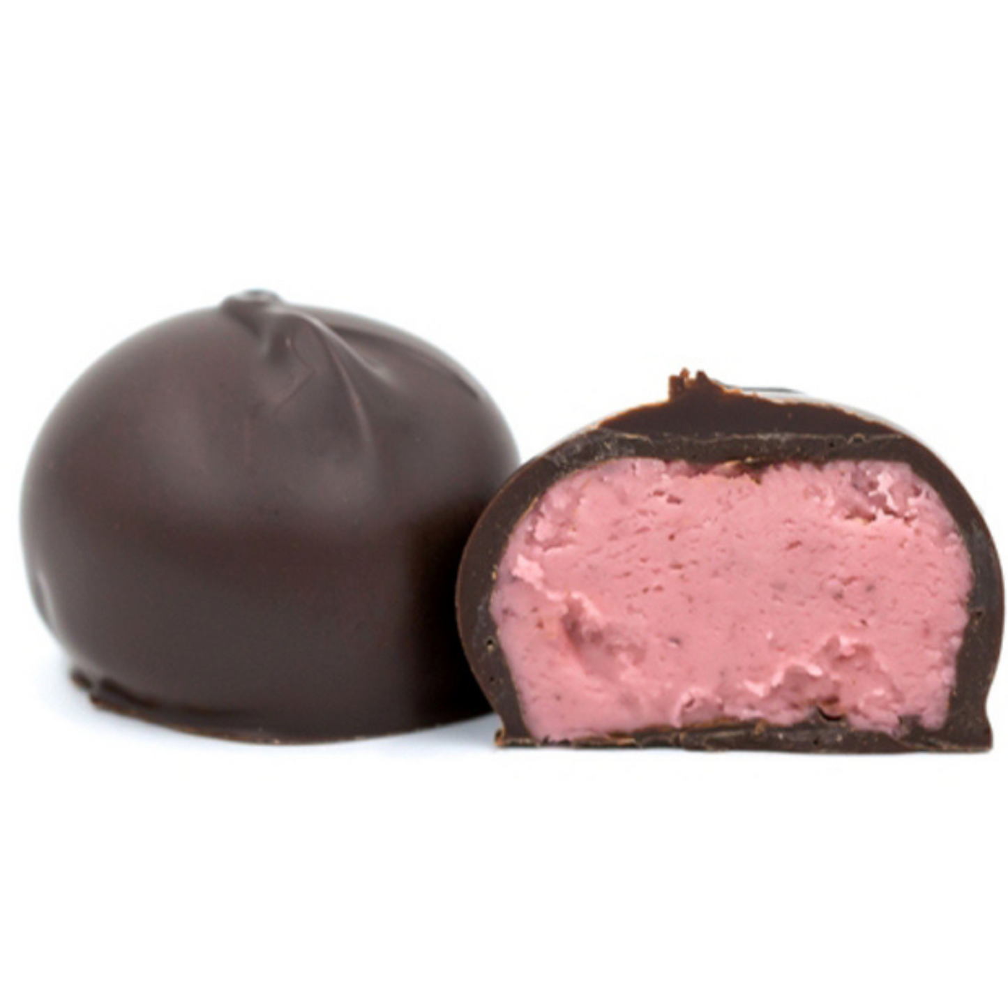 Raspberry puree cream center dipped in rich dark chocolate in a pound box.