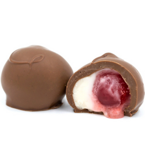Maraschino cherries wrapped in white cream and dipped in smooth milk chocolate or rich dark chocolate in a one pound box.