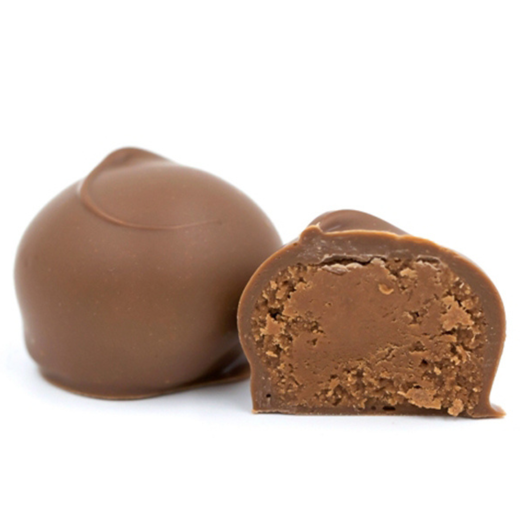 A fudgy chocolate center covered in smooth milk chocolate in a pound box.