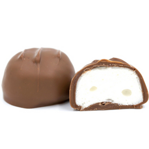 round marshmallow center covered in rich dark chocolate or smooth milk chocolate in a pound box.