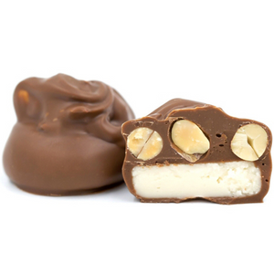 Vanilla cream topped with peanuts and covered in rich dark chocolate or sweet milk chocolate. Approximately 32 pieces in a  One pound box.