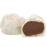 a pound of fudgy chocolate centers dipped in white coating mixed with toasted coconut.
