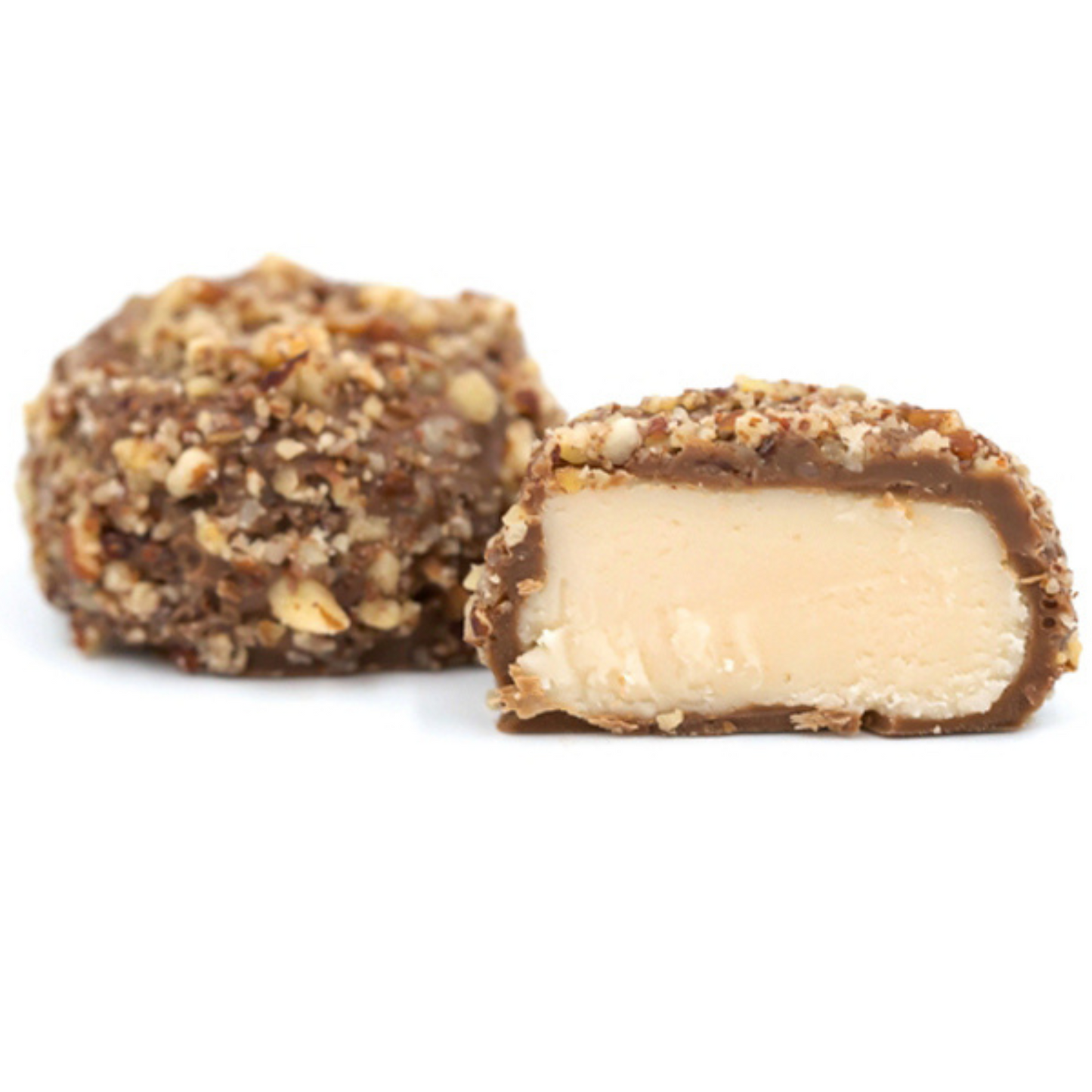 a pound box of rich vanilla cream centers covered in milk chocolate and topped with crushed pecans