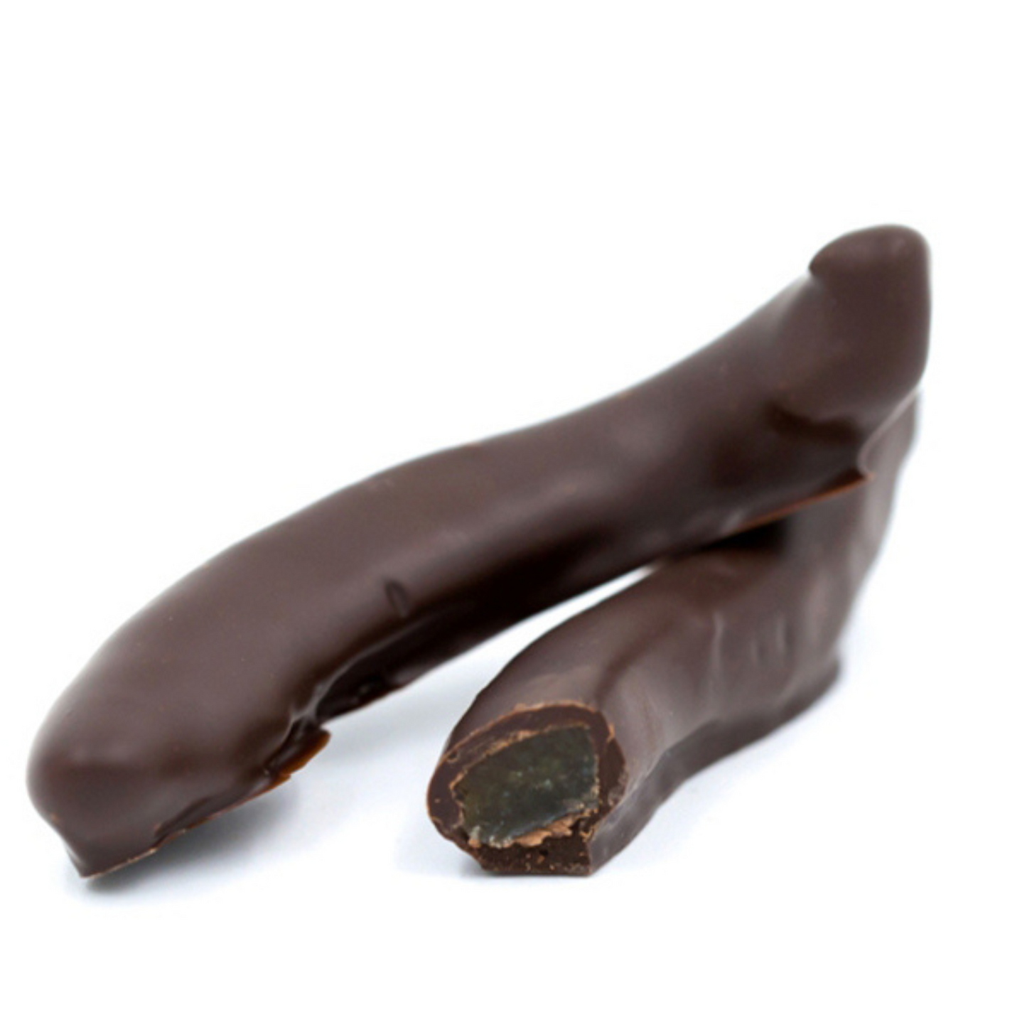 candied orange peel strips covered in rich dark chocolate in a pound box.