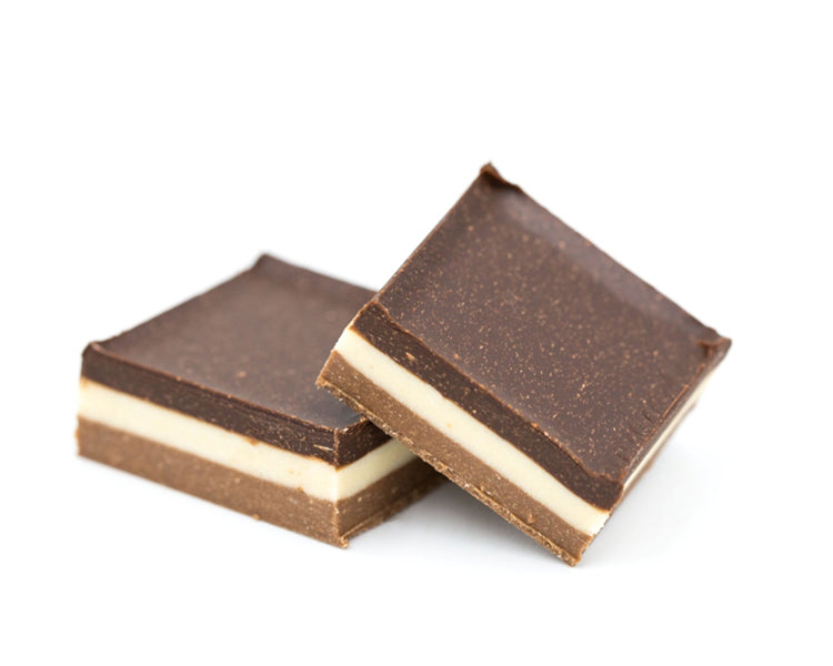 smooth milk chocolate, smooth peanut butter and rich dark chocolate layered into bite-sized squares and packaged in half pound clear rectangle tubes