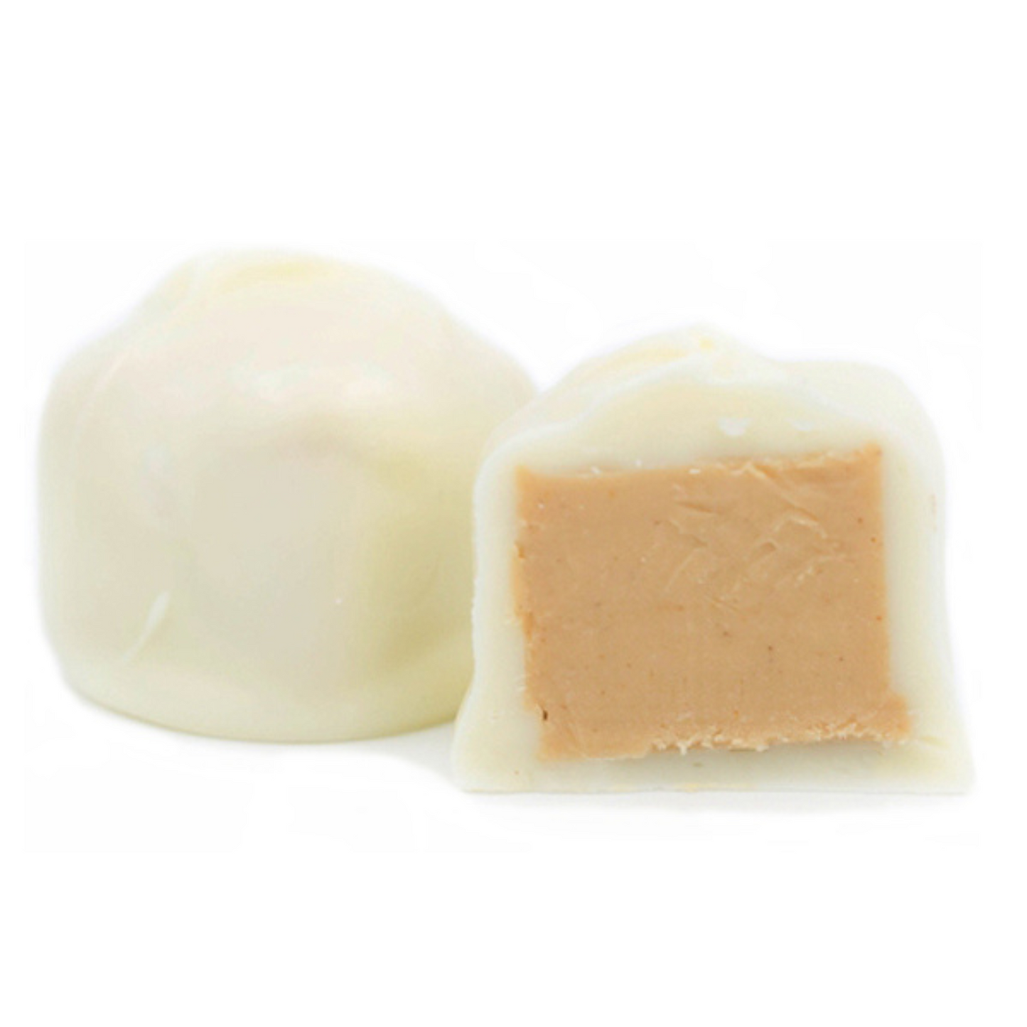 smooth creamy peanut butter center covered in white coating in a one pound box.