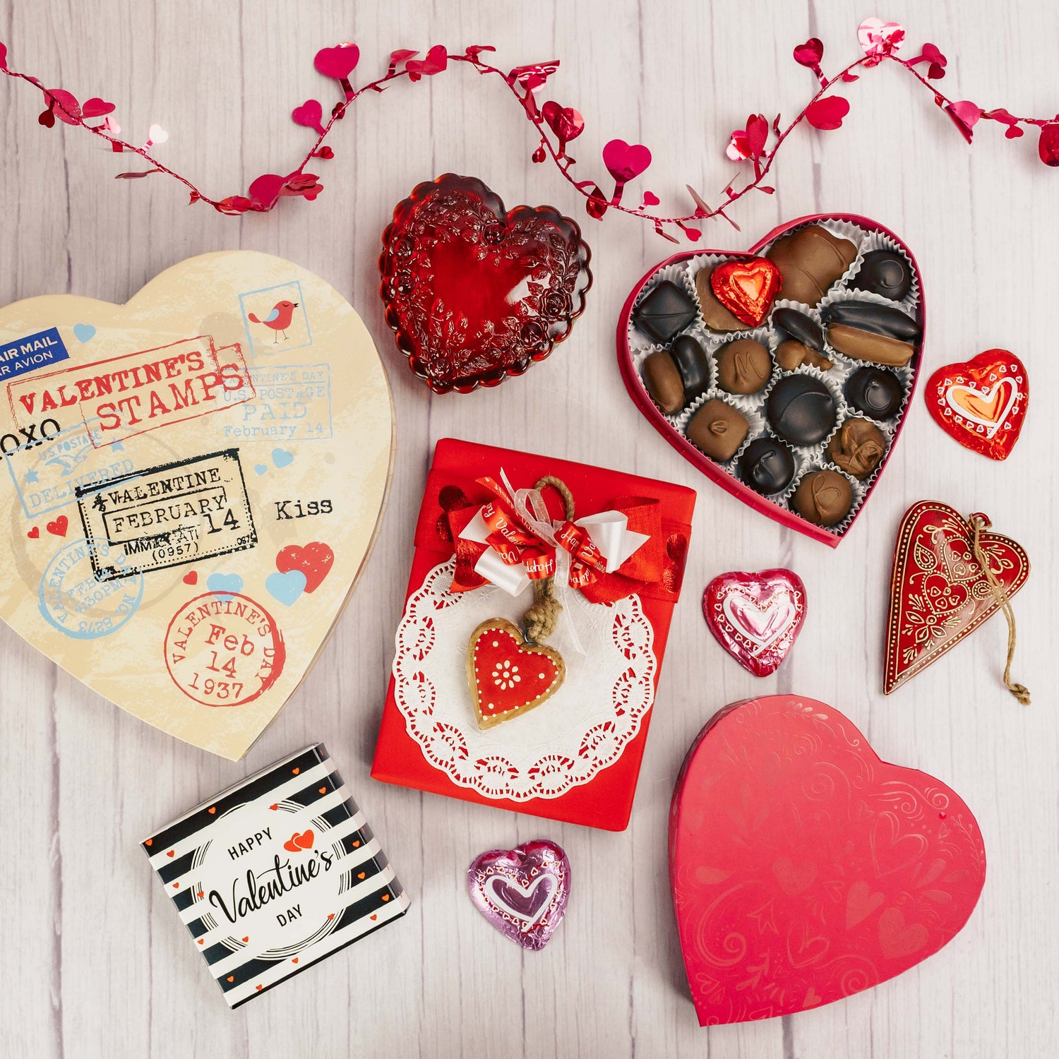 a collection of heart-shaped boxes filled with our amazing assorted chocolates from 2 oz. all the way to 7 lbs. 
