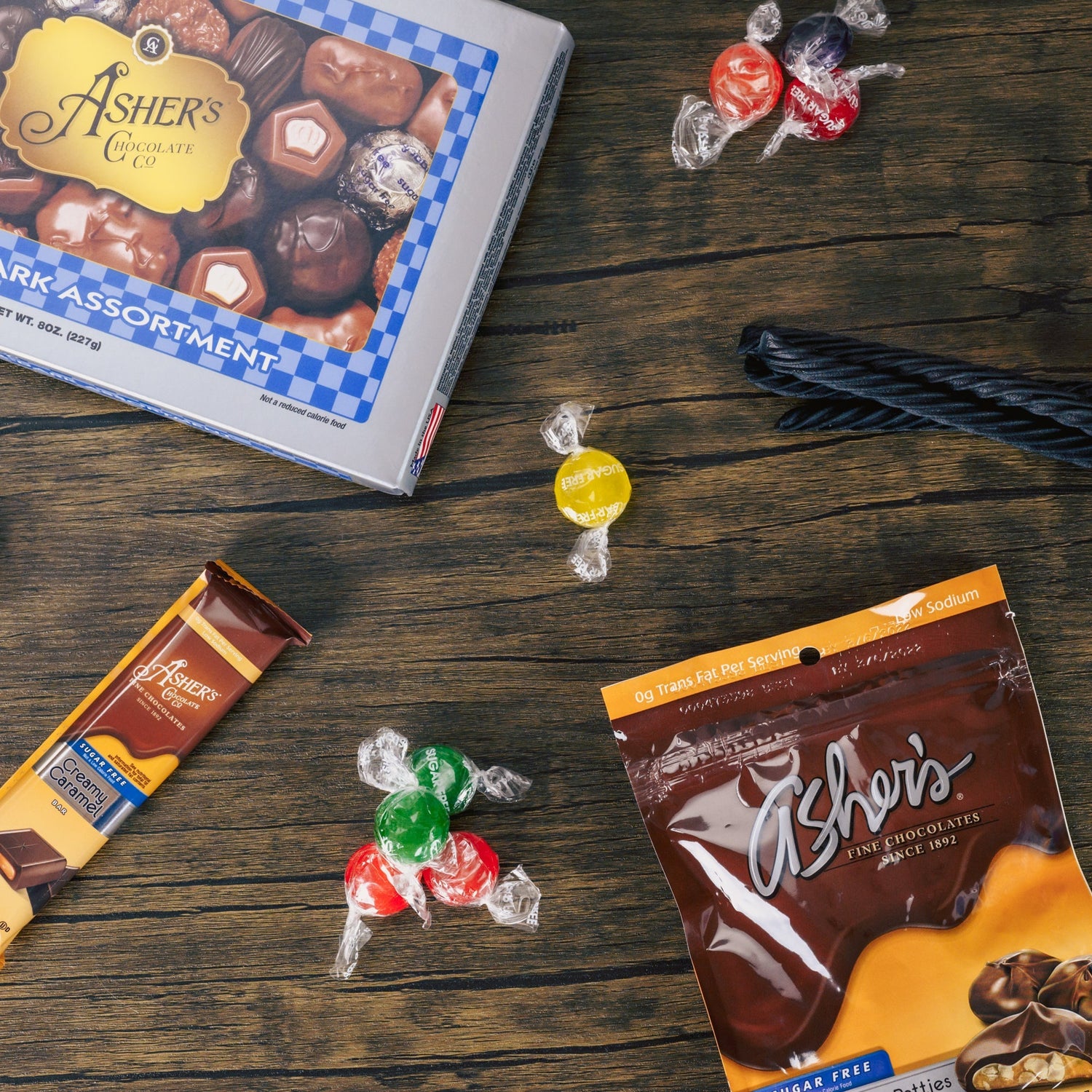 Sugar free candy collection like chocolates, hard candy and licorice.