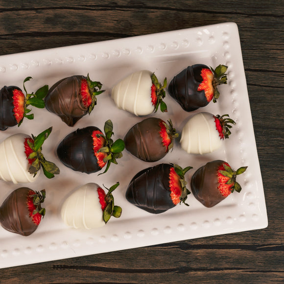 Chocolate covered strawberries we have for Valentine's Day and Mother's Day. Available in milk or dark chocolate or white coating (like white chocolate)