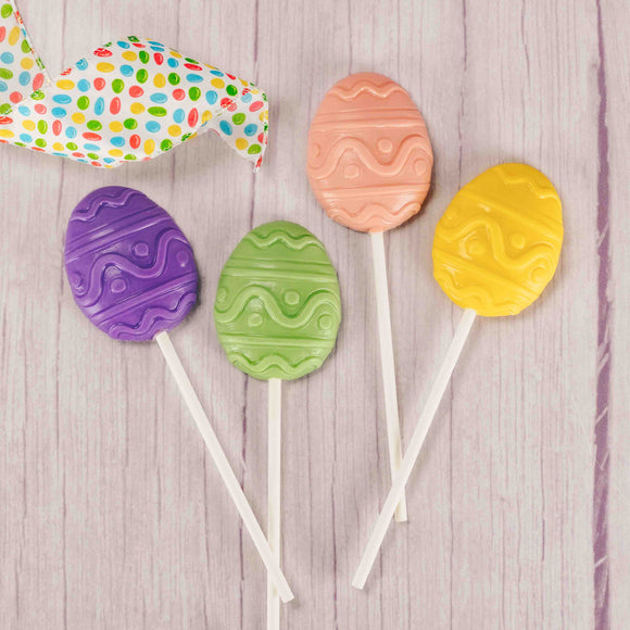 Celebrate Easter with these sweet egg suckers. They are sure to sweeten up all your baskets! White coating (tastes like white chocolate) flavor in spring colors like pink, purple, green or yellow.