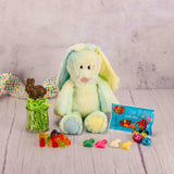 A bunny plush animal with some Easter candy packaged with it