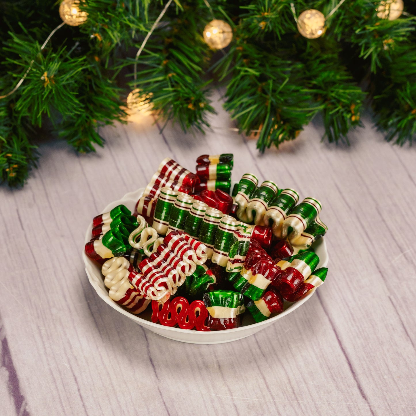 a half pound bag of classic ribbon candy in red, green and white colors with flavors of cherry, cinnamon and peppermint. 