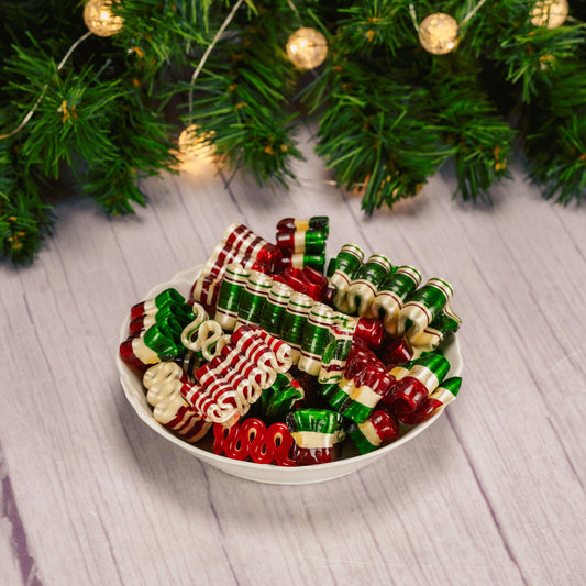 a half pound bag of classic ribbon candy in red, green and white colors with flavors of cherry, cinnamon and peppermint. 