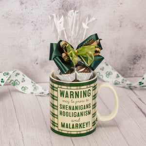 a half pound of assorted milk chocolates is placed inside this nice green plain mug that reads 'warning, may be prone to shenanigans hooliganism and malarkey'