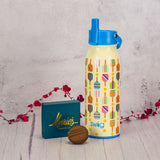 Swig brand flip and sip bottle with pickleball print is packaged with a sampler box of assorted chocolates and a milk chocolate oreo 

