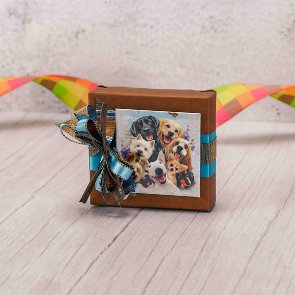 Calling all dog lovers! Stick this square magnet of nine adorable dogs taking a selfie where you will see it daily! Be sure to enjoy the Sampler box of classic Assorted Chocolates, first! This gift is topped with a lovely handmade bow, ready to give someone a smile!