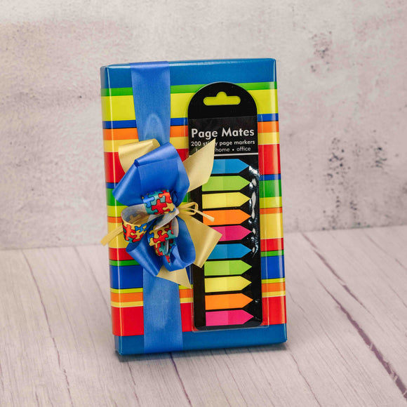  A one pound box of delightful Assorted Chocolates is wrapped in bright paper and tied with a lovely handmade bow, topped with page markers. 200 colorful, sticky page markers to mark your place in any book. Perfect for home, office or school. 