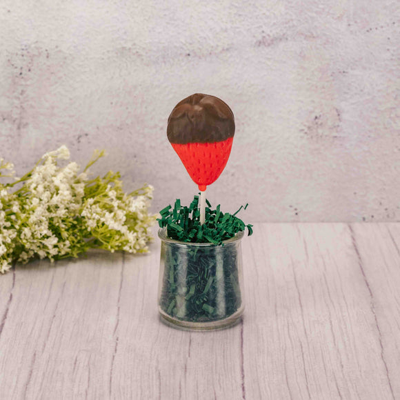 A strawberry flavored lollipop shaped like a strawberry is dipped in milk chocolate for an added sweetness! A perfect treat to start off the spring season!